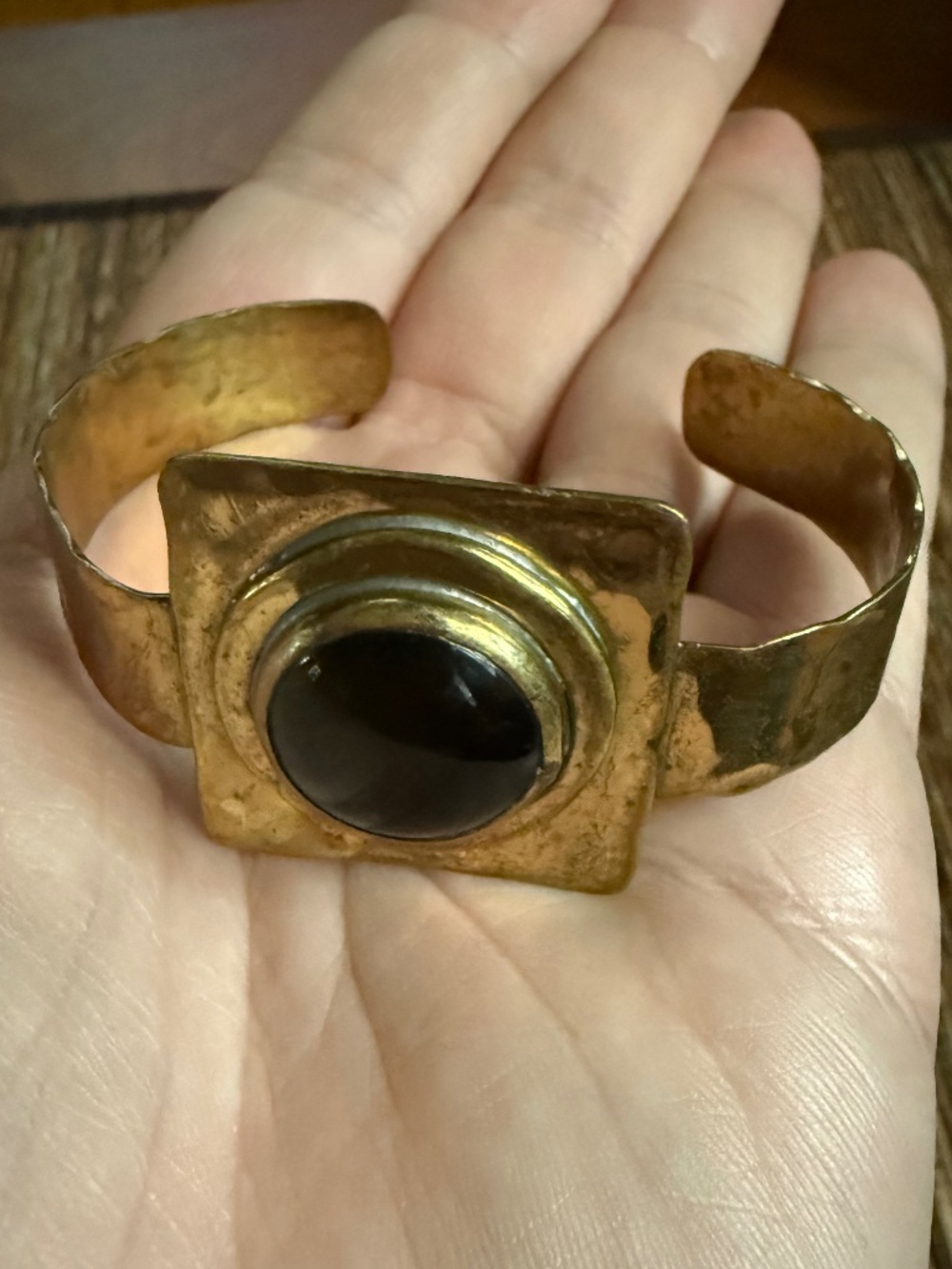 Rafael Canada Cuff Bracelet Modernist Brutalist Brass Glass MCM Alfandary
